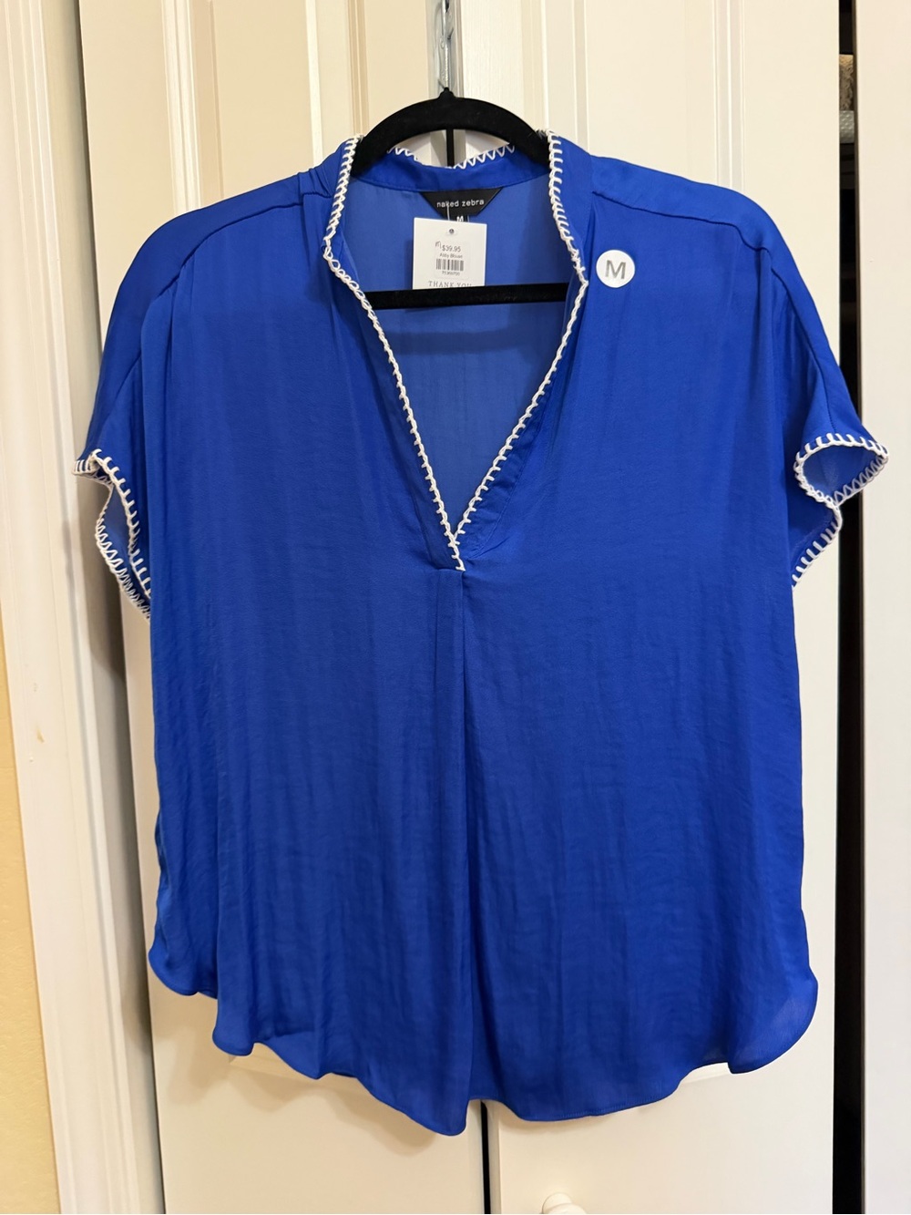 Naked Zebra Royal Blue V-Neck Short Sleeve Blouse with White Trim